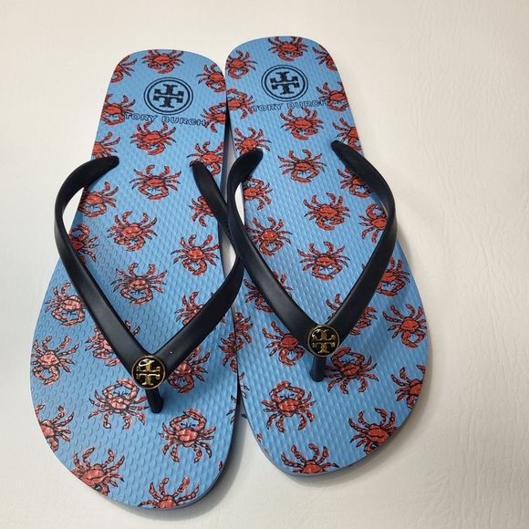 Tory Burch Flip Flops Blue Red Crab Print Gold Tone Logo Size 9 New Without Tags - Picture 3 of 10